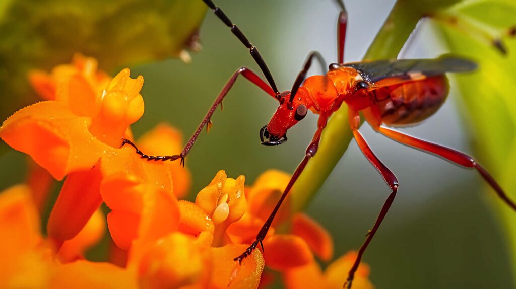Close-up of colorful assassin bug on vibrant orange flowers with soft green blurred background Wallpaper