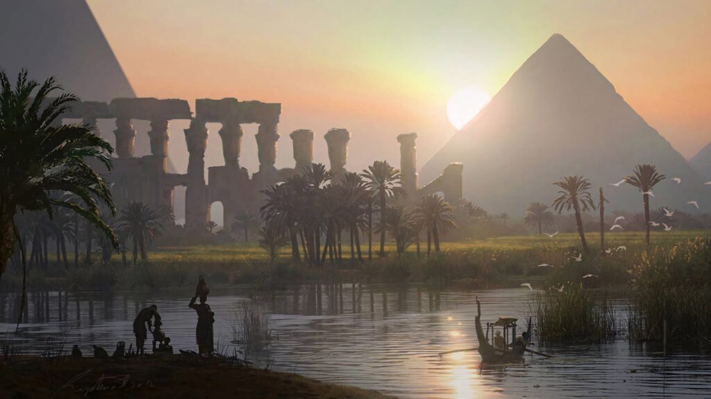 Assassins Creed Egypt sunrise over pyramids lush palms and ancient temples wallpaper background