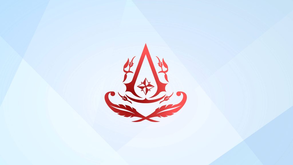 Assassins Creed logo wallpaper red insignia ornate filigree on light blue polygonal background