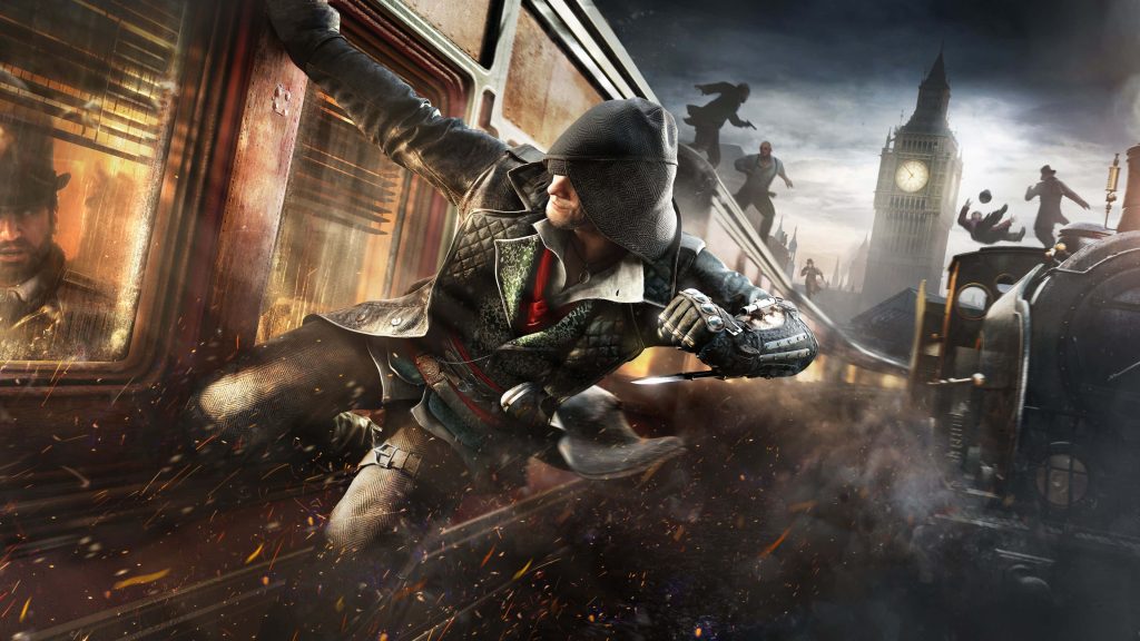 Jacob Frye jumps on moving steam train Victorian London Big Ben Assassin's Creed Syndicate wallpaper