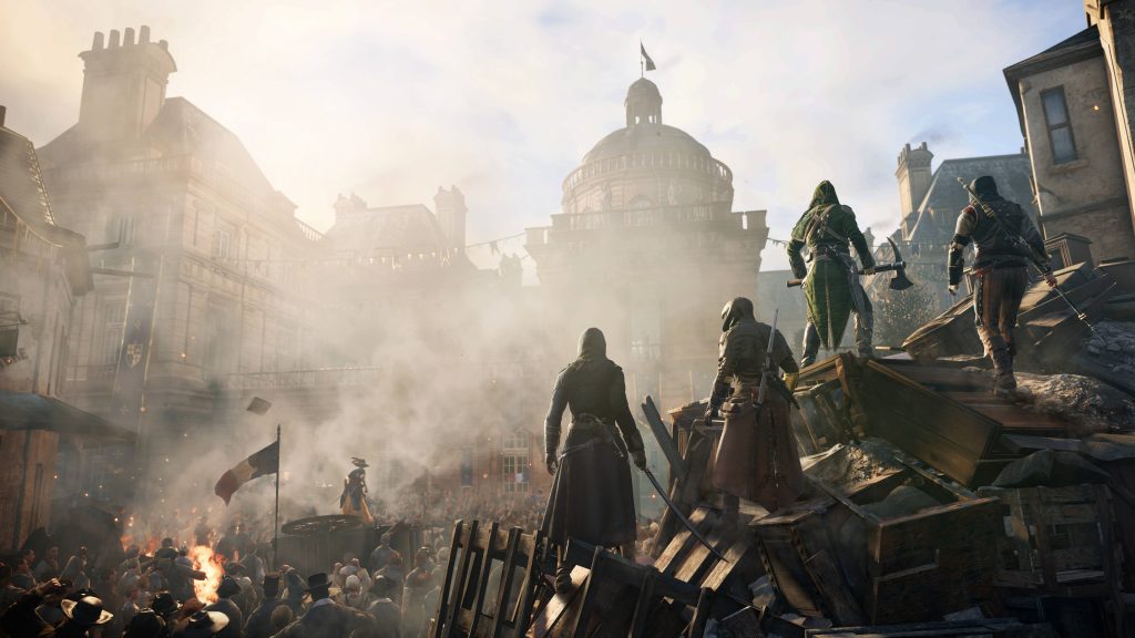 Four hooded Assassins on barricade overlooking smoky Paris street Assassin's Creed Unity 4K wallpaper