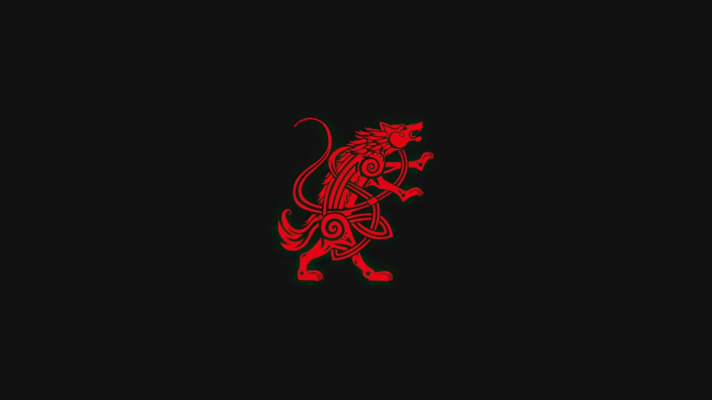 Assassins Creed Valhalla wallpaper red Norse wolf knotwork on dark minimalist background