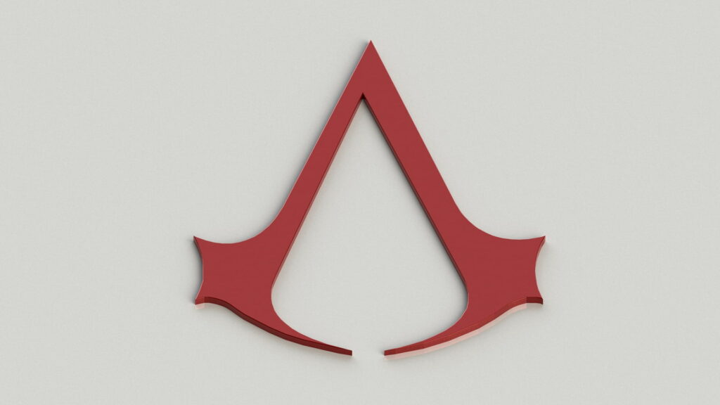 High-definition 3D Assassin's Creed logo in bold red on minimalist light grey gaming wallpaper background