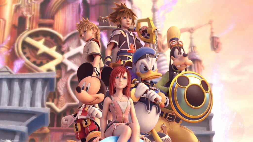 Kingdom Hearts CGI wallpaper with Sora Roxas Kairi Mickey Donald Goofy in front of castle