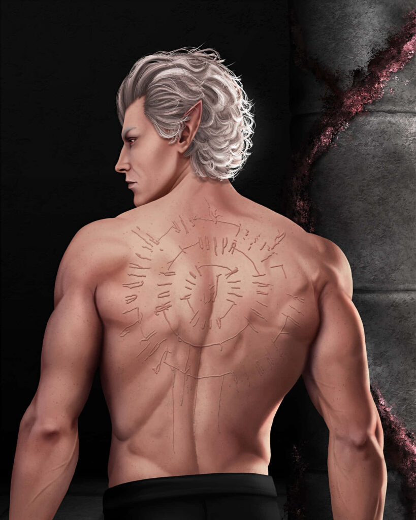Astarion Baldurs Gate back turned showing mysterious scars dark enigmatic wallpaper background
