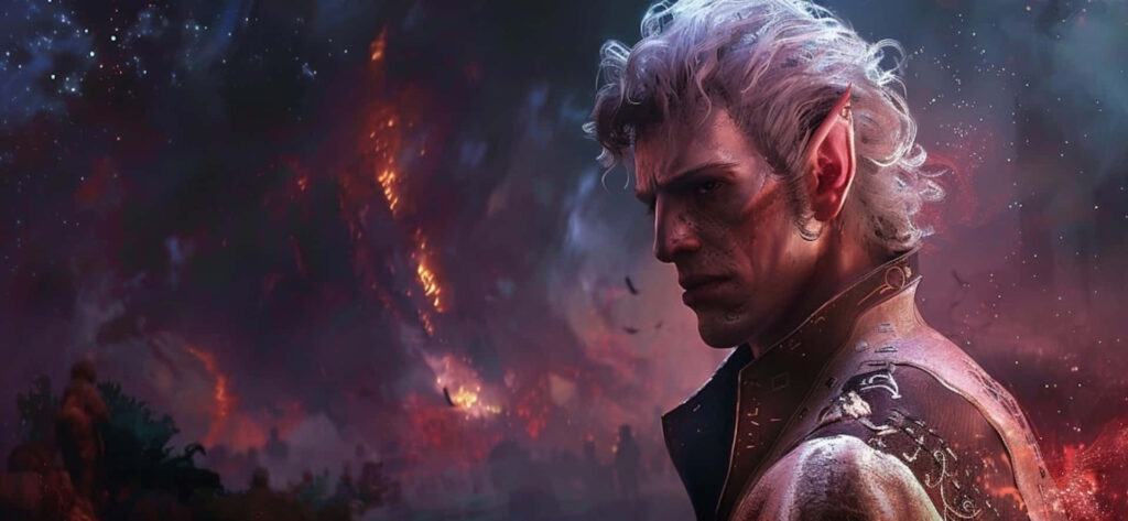 Astarion vampire spawn from Baldurs Gate gazing intensely against fiery sky wallpaper background