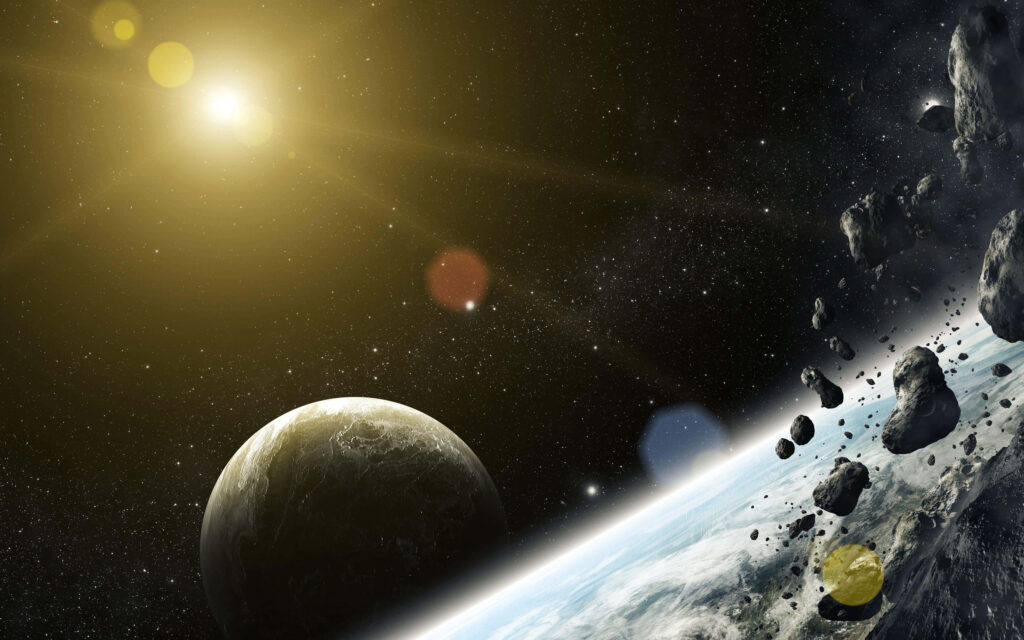 Breathtaking Asteroid Belt Wallpaper with Glowing Sun & Cosmic Backdrop