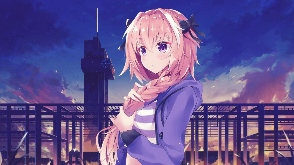 Astolfo from Fate Apocrypha in casual wear with relaxed smile against vibrant city skyline Wallpaper