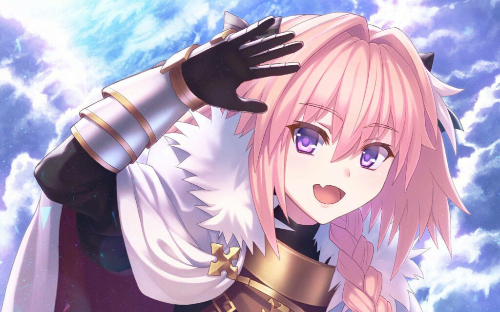 Astolfo Fate Apocrypha happily waving bright smile vibrant sky cheerful energetic wallpaper background
