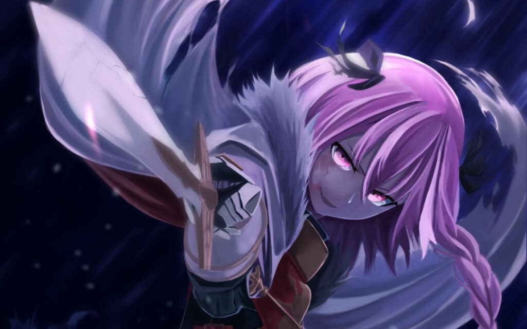 Astolfo Fate Apocrypha with pink braided hair wielding sword dark dramatic wallpaper background