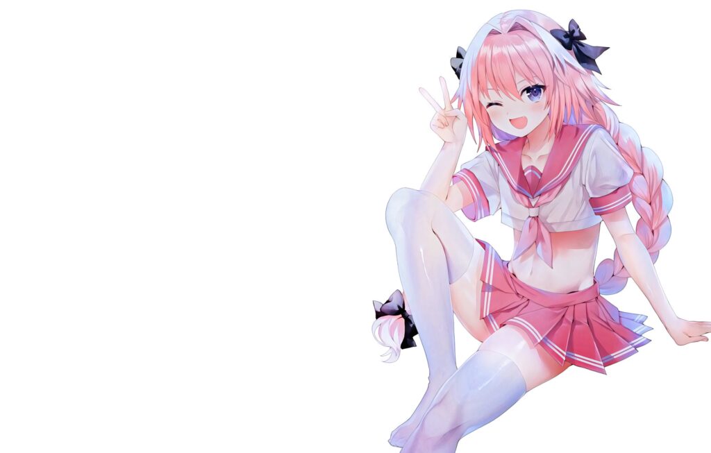 Astolfo Fate Apocrypha playful pose pink sailor uniform bright cheerful wallpaper background