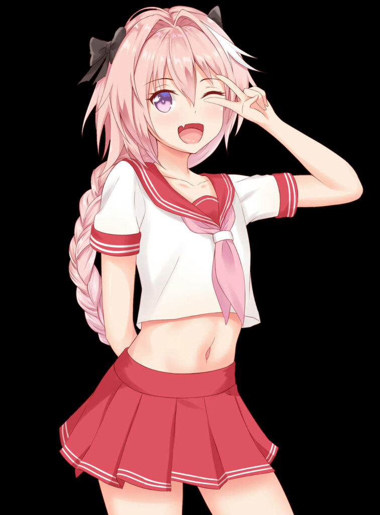 Astolfo from Fate Apocrypha in pink school uniform winking cheerfully vibrant anime wallpaper