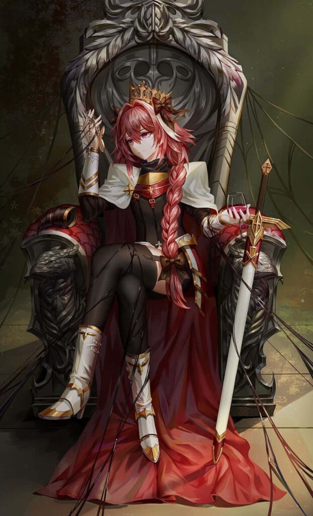 Astolfo Fate Apocrypha anime wallpaper pink hair ornate throne intricate armor sword beside him