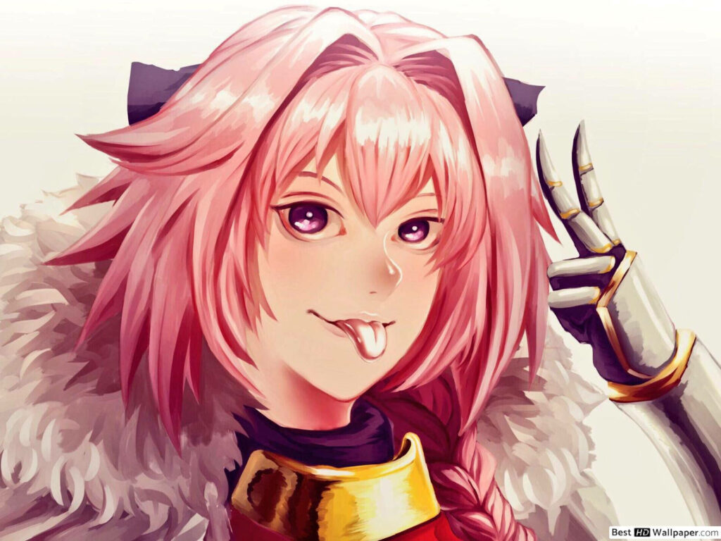 Astolfo Fate Apocrypha wallpaper with pink hair cheeky expression and peace sign background