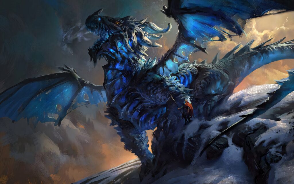 Astolfo from Fate Apocrypha with blue ice dragon on snowy mountain dramatic lighting wallpaper