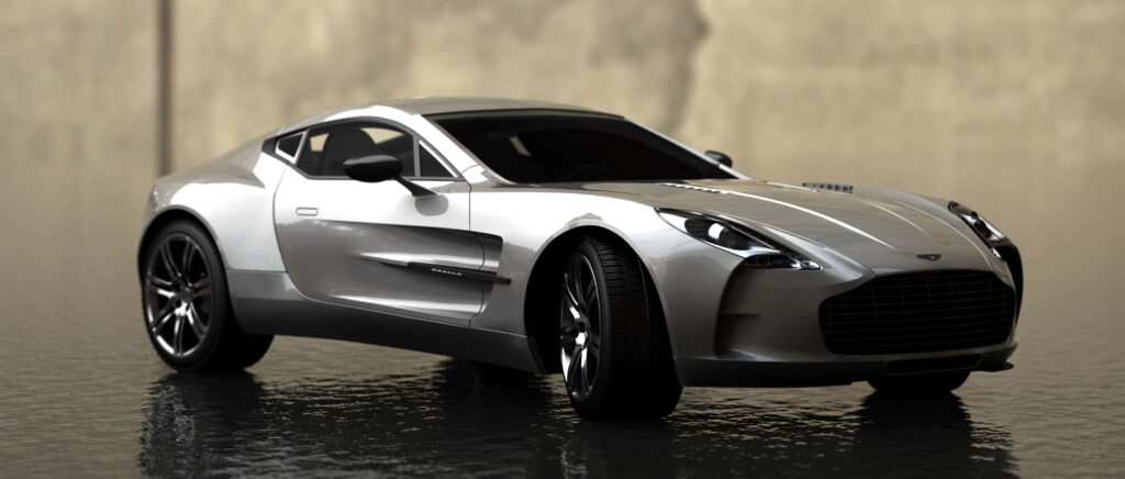 Aston Martin One 77 silver luxury sports car with sleek aerodynamic design on glossy floor Wallpaper