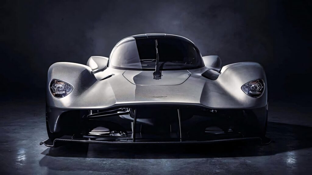 Front view of Aston Martin Valkyrie hypercar showing futuristic aerodynamic design wallpaper