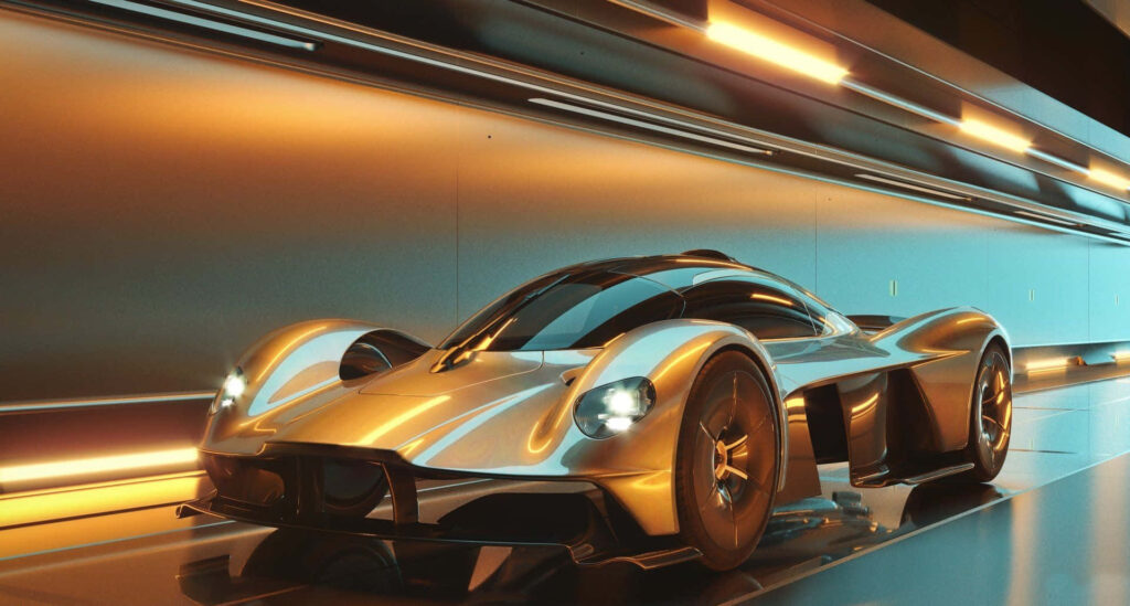 Aston Martin Valkyrie futuristic supercar in illuminated tunnel high-performance wallpaper background