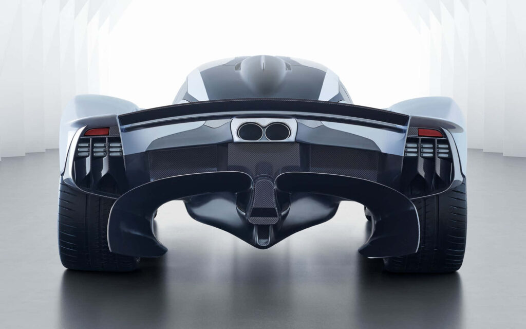 Rear view of Aston Martin Valkyrie showcasing futuristic design and aerodynamic engineering wallpaper