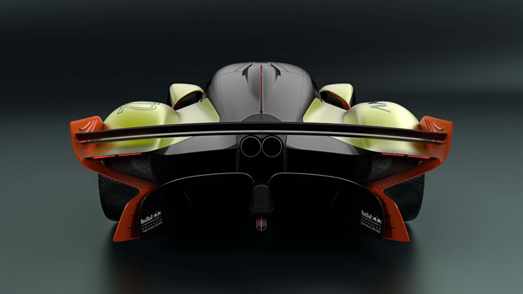 Aston Martin Valkyrie rear view wallpaper showing futuristic aerodynamic design and rear wing
