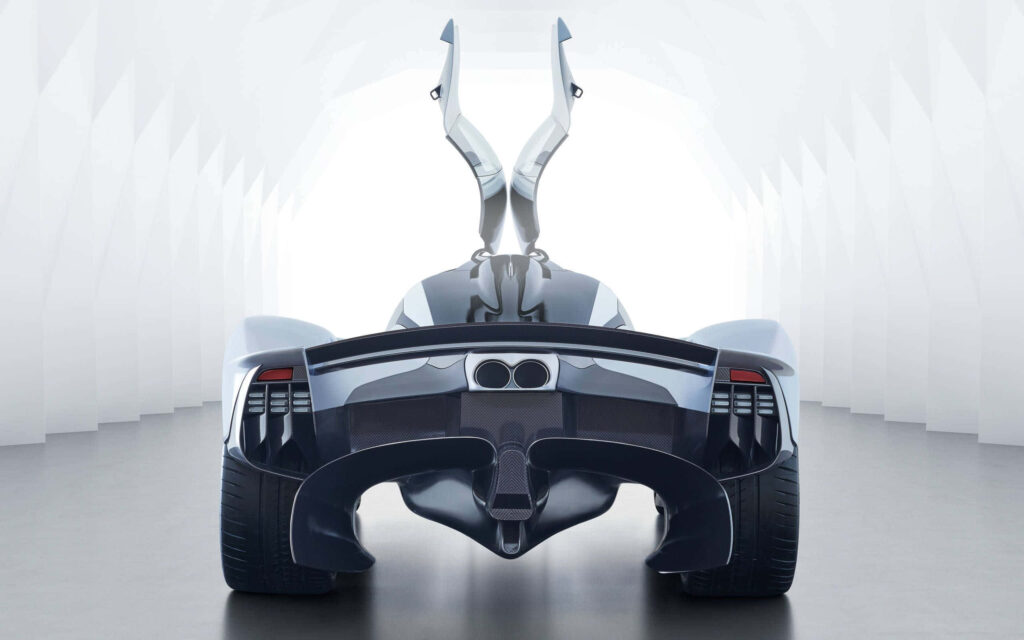 Aston Martin Valkyrie rear view with aerodynamic design and striking upward-opening doors wallpaper