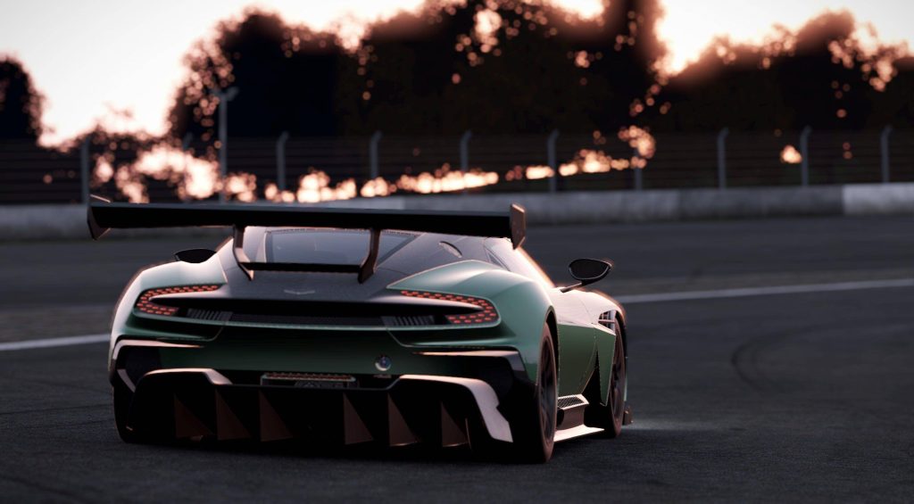 Aston Martin Valkyrie green hypercar racing at sunset Forza Motorsport high-definition wallpaper