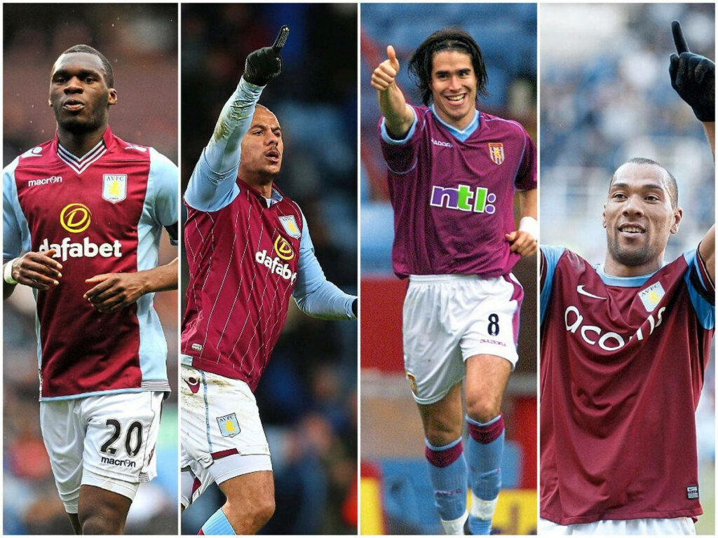 Aston Villa FC players celebrating with raised fingers in classic and modern team kits wallpaper