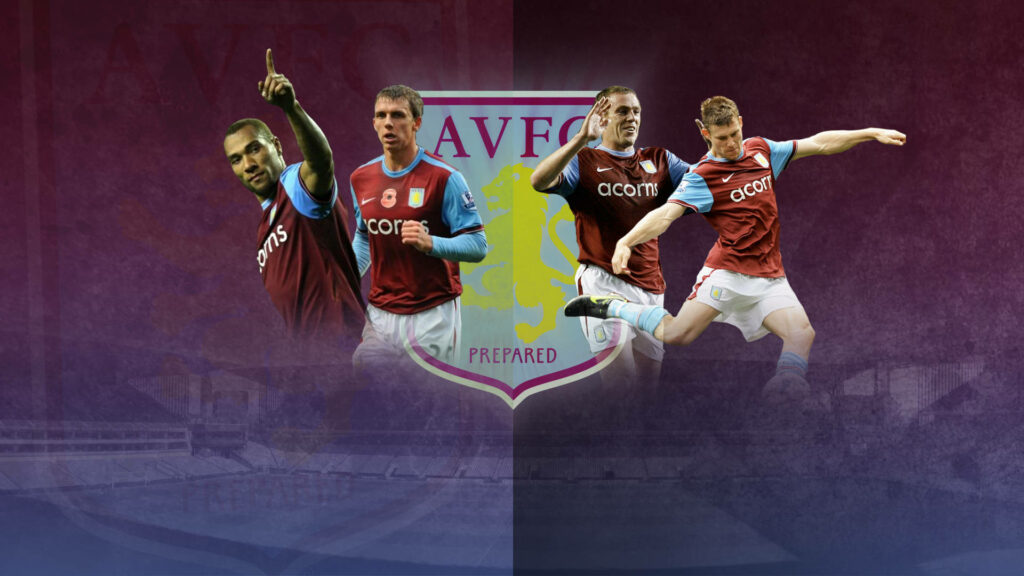 Aston Villa team poster wallpaper with key players in action and club crest on textured background