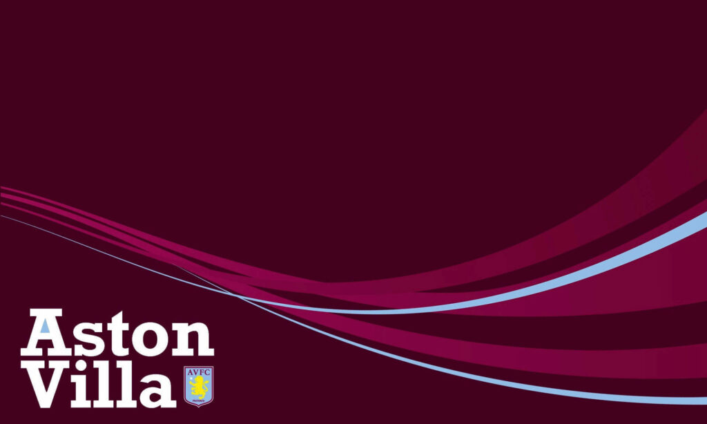 Aston Villa name art with club crest on claret background and dynamic maroon blue waves wallpaper