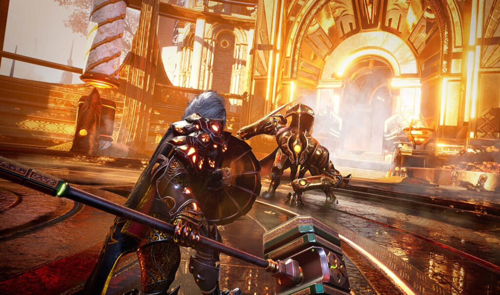 The Dominant Heroism: Mighty Player Conquer the Boss Fight with the Earth Hammer in the Epic Video Game Godfall Wallpaper