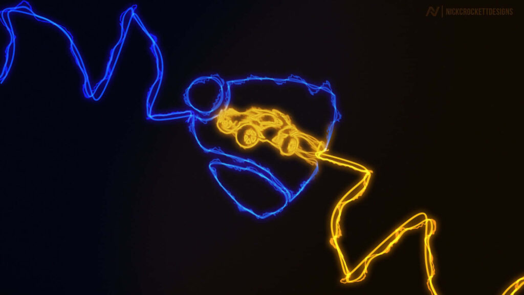 The Astonishing Clash: Rocket League's Triangular Logo and Battle Car Engage in an Intense Duel amidst Vibrant Blue and Yellow Lines on a Dark Canvas Wallpaper
