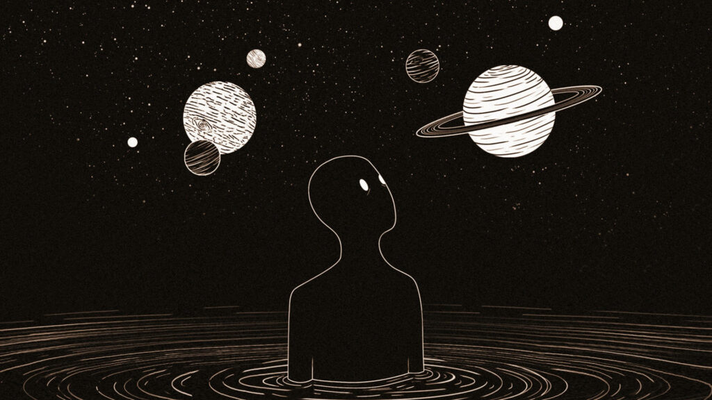 Immersed in Cosmic Shadows: Enigmatic Figure Contemplating Celestial Realms Wallpaper