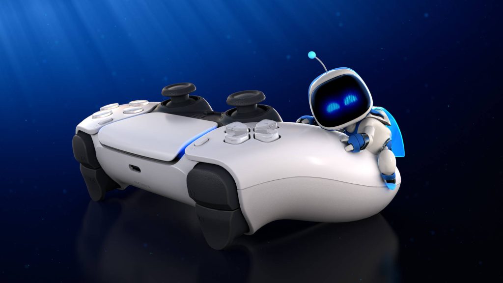 Astro Bot leaning on white PS5 DualSense controller with vibrant blue minimalist background Wallpaper
