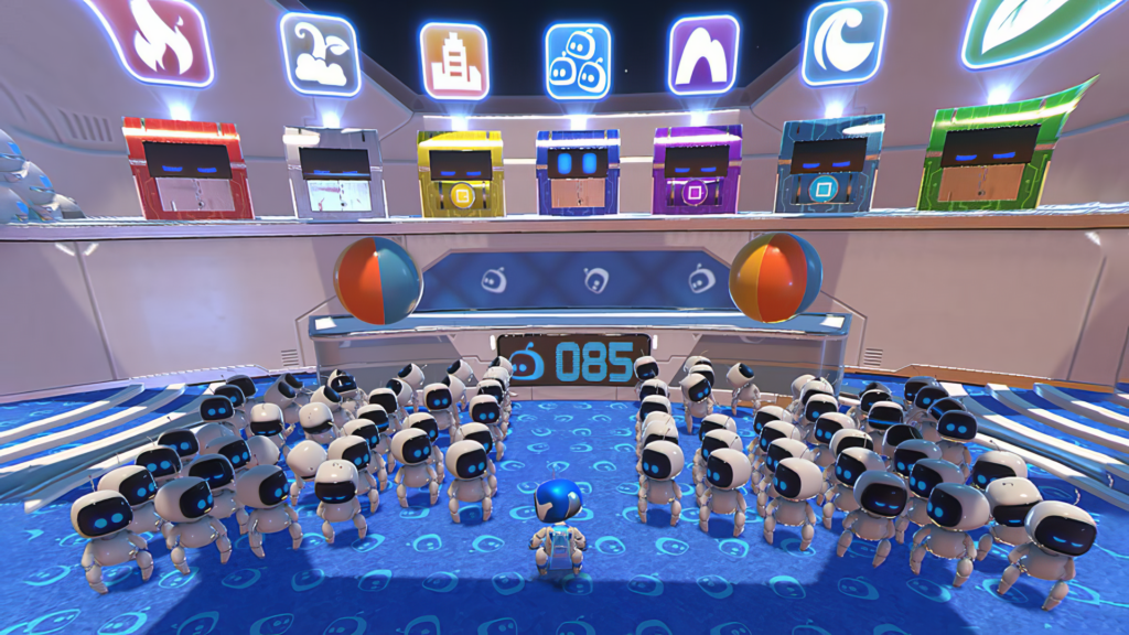 Vibrant Astro Bot Rescue Mission Wallpaper: Playful PS5 Scene