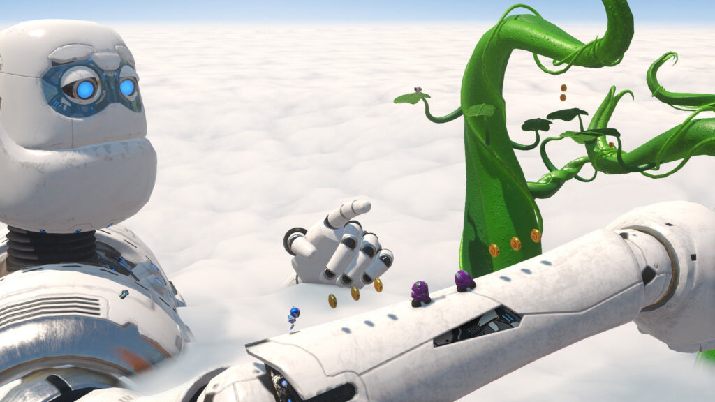Astro Bot Rescue Mission Wallpaper: Playful Robot in Mechanical Landscape