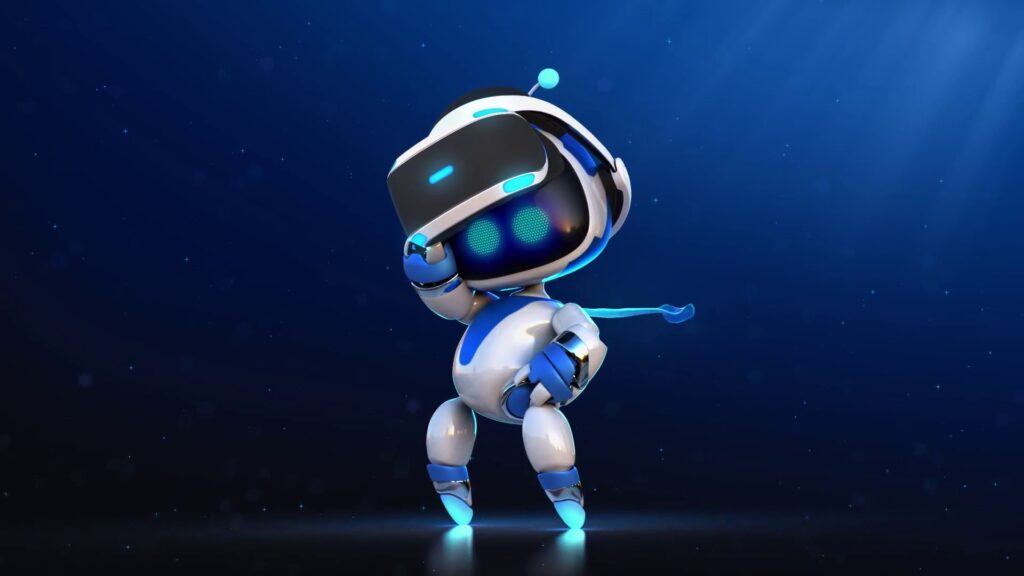 Astro Bot Rescue Mission Wallpaper: Playful Robot in Starry Background