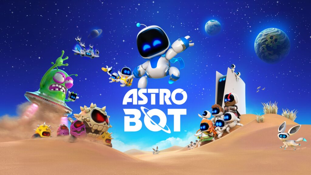 Astro Bot Rescue Mission Wallpaper: Playful Robots in Starry Space