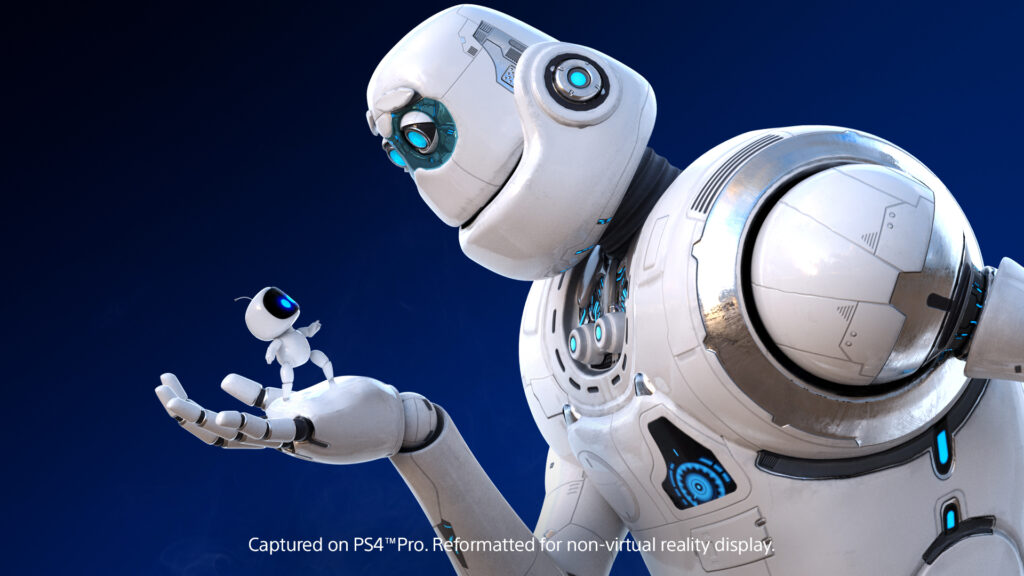 Astro Bot Rescue Mission: Colorful Scene with Large Friendly Robot Wallpaper