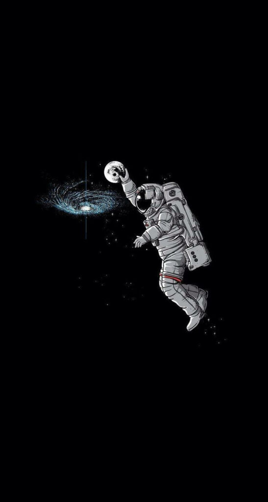 Humorous astronaut dunking a glowing galaxy like a basketball in deep space Wallpaper