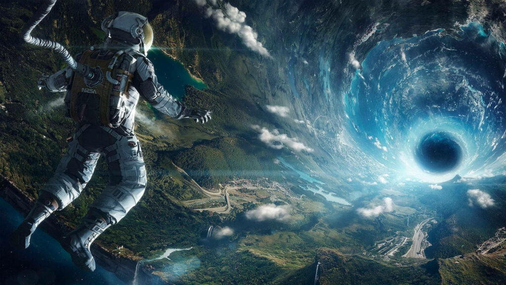Astronaut Near Glowing Wormhole: Cosmic Exploration Wallpaper