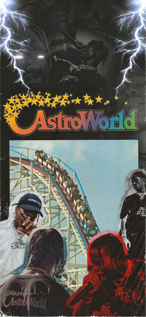 AstroWorld Travis Scott wallpaper vibrant collage roller coaster electrifying effects energy