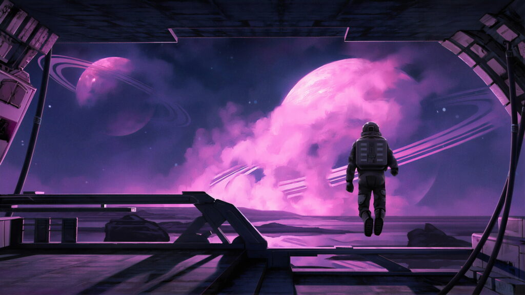 The Enigmatic Gaze: A Cosmic Collaboration of an Artistically-Inclined Astronaut in a Captivating Purple Cosmos - An HD Wallpaper Background