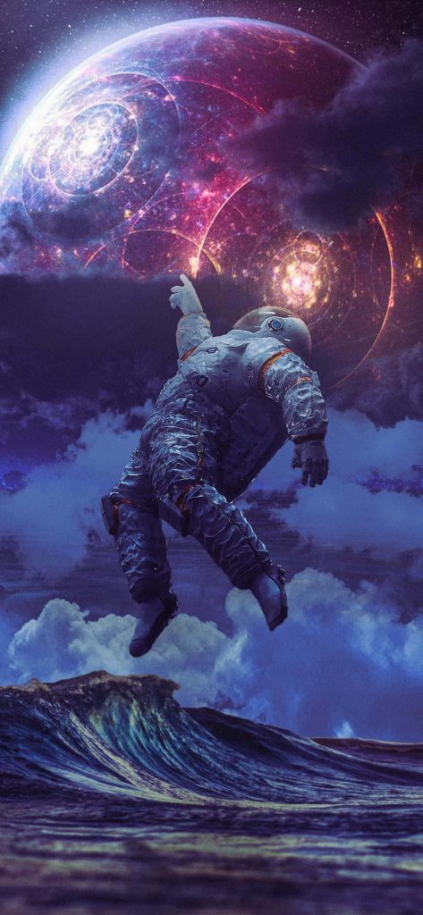 Astronaut floating above dark ocean wave reaching glowing celestial sphere in deep space sky Wallpaper