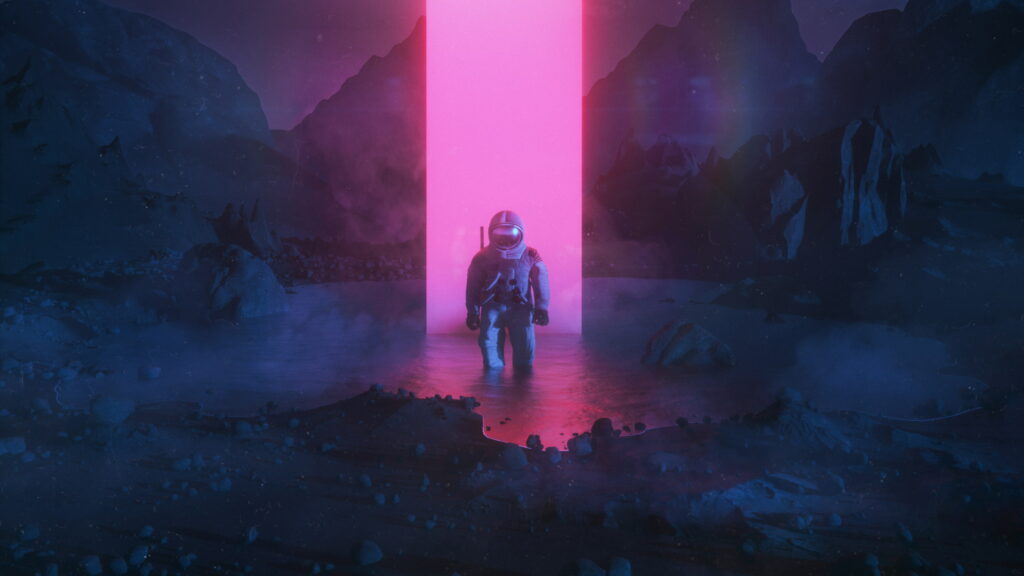 Beeple's Neon Astronaut Artwork on Monolith Background with Digital Beehive Wallpaper