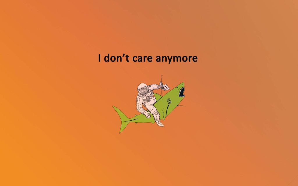Minimalist astronaut riding green shark on vibrant orange background with I dont care anymore text Wallpaper