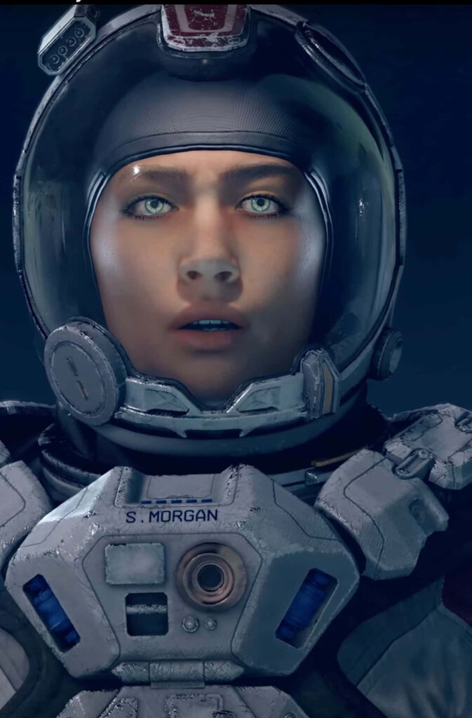 Portrait of astronaut S Morgan in high-tech spacesuit with green eyes against deep space background Wallpaper