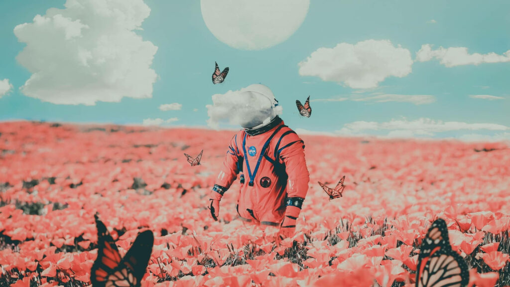 A Journey Through Serenity: An Aesthetic Astronaut Amidst Flowered Bliss Wallpaper
