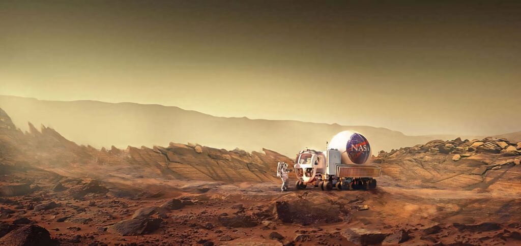 Astronaut beside NASA rover on red rocky Martian landscape scene from The Martian movie wallpaper