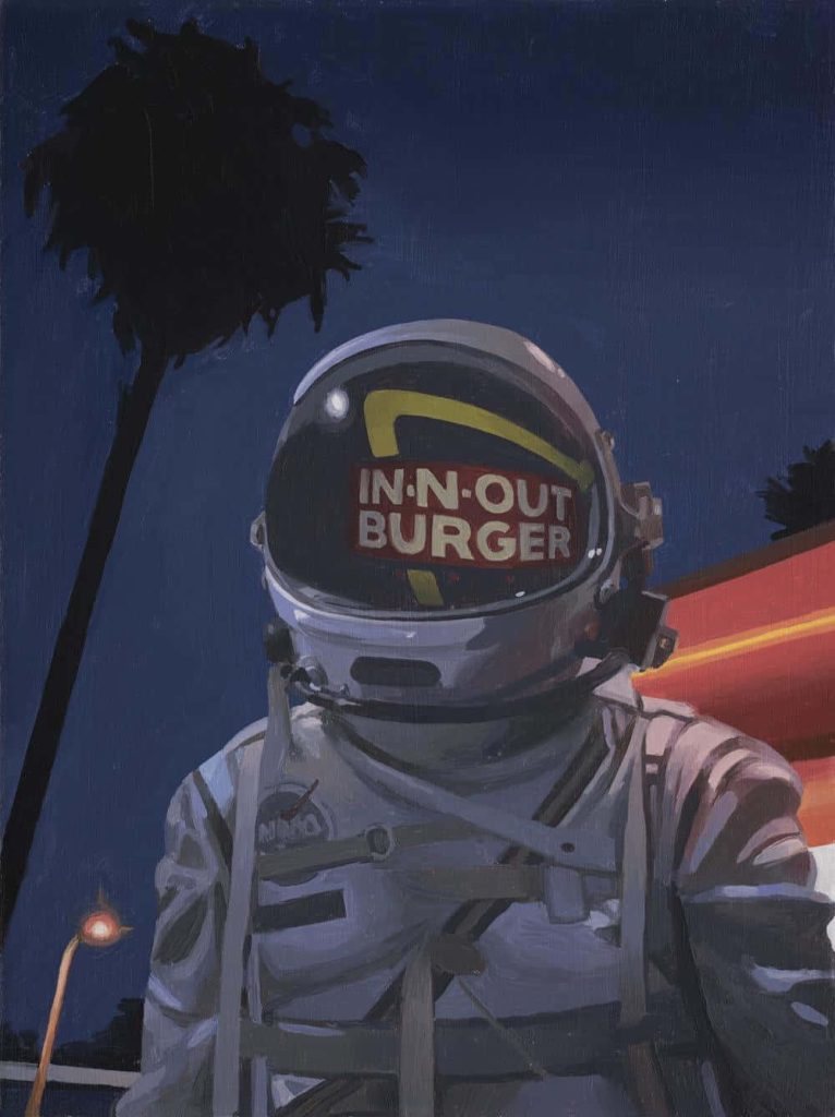 Astronaut in vintage NASA suit with In-N-Out visor under night sky and palm tree silhouette Wallpaper