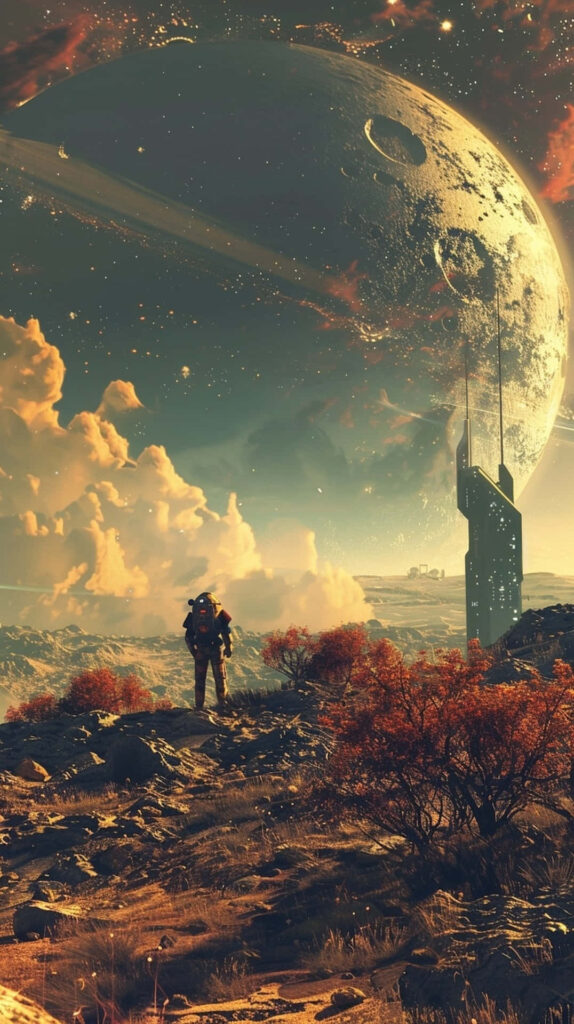 Astronaut on rugged alien terrain with red foliage views massive planet and futuristic structures Wallpaper